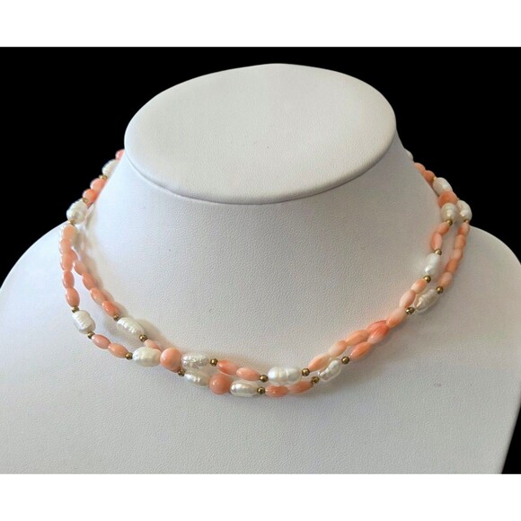 LES BERNARD Vintage Baroque Freshwater Pearl Necklace Angel Skin Coral Bead 30" - Picture 1 of 8